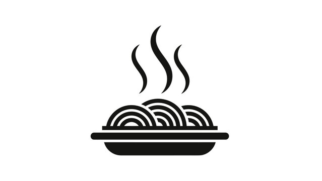A stylized black and white illustration of spaghetti served in a dish with steam rising