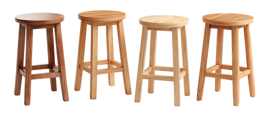 Set of wooden stools, isolated on transparent cutout background