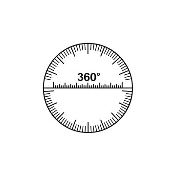 A black and white vector graphic of a 360-degree protractor on a white backdrop