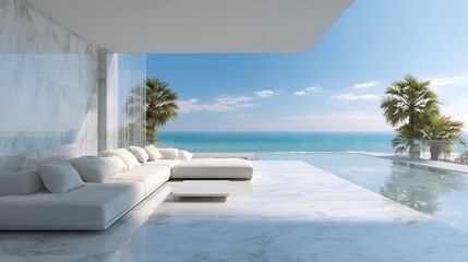 Fototapeta premium Contemporary Seaside Terrace with Minimalist Design / ミニマリストデザインのコンテンポラリーな海辺のテラス