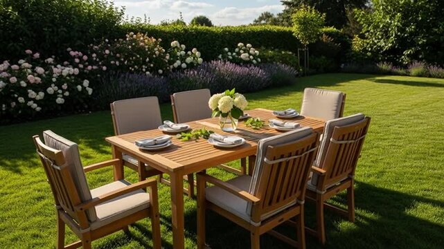 Beautiful garden dining setup with wooden table and chairs