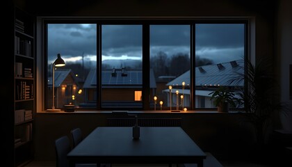 Warm Evening Apartment Interior with Window View of Residential Neighborhood at Twilight