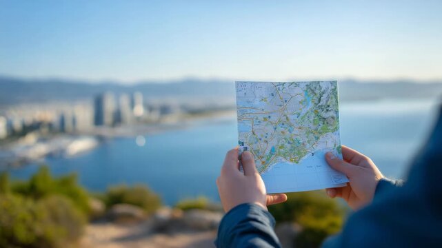 66Hands holding map with blurred city background, urban exploration concept