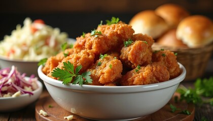 Crispy fried chicken pieces served with coleslaw salad and bread rolls. Food is presented in white bowls on a rustic wooden table. Garnished with fresh green parsley.