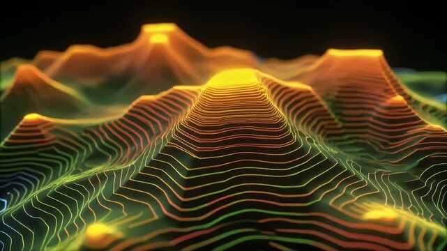 Vibrant digital topographic map with glowing contour lines illustrating an abstract data landscape in warm and cool tones.