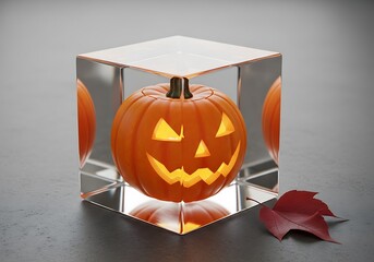 Glowing jack o'lantern is reflected in a transparent cube.