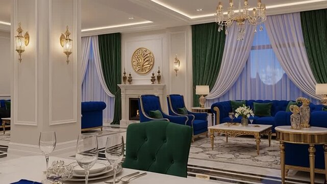 Luxurious dining room with elegant table setting and comfortable seating area