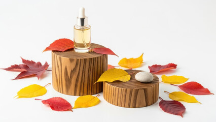 Aromatherapy essential oil bottle on wooden platform with autumn leaves and stone.