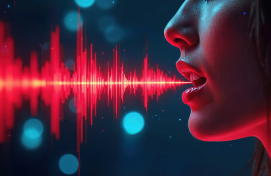 Woman speaks creating red audio waveform visualization. Sound waves emit from open mouth. Digital voice signal graphic. Communication technology concept art.