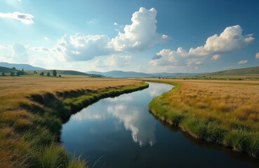 Fototapeta premium Golden meadow borders winding river under bright blue sky with fluffy clouds. Sunrays shine through, reflecting on calm water surface creating peaceful scenic landscape view.