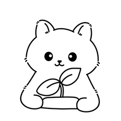 Fototapeta premium Minimal cute cat holding a small plant, clean black line art illustration symbolizing growth, care, and nature, ideal for eco themes, stickers, and modern cute designs.