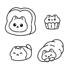 Obraz premium Cute kawaii cat illustrations shaped like bread and pastry, minimal black line art style, playful food-themed animal doodles for stickers, kids design, and cute branding.
