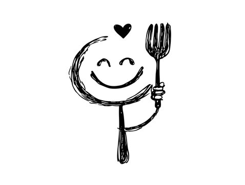 hungry funny cartoon character with fork wait to dinner , breakfast , food