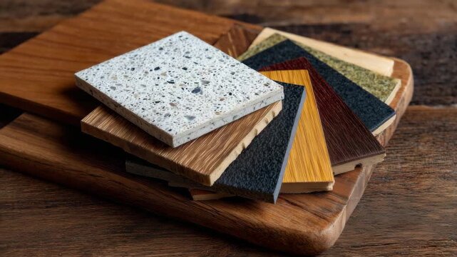 163Square parquet and laminate samples arranged in a fan shape on an oak wooden plank background, soft focus edges, natural warm color tones, high-detail textures