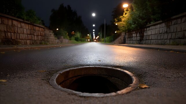 Low angle view of a dark wet urban street at night featuring an open manhole and glowing streetlights