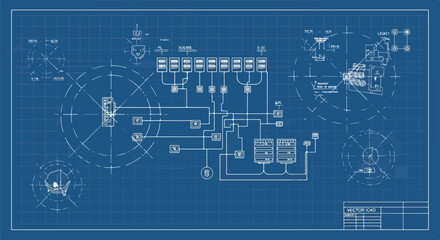 Naklejka premium Abstract blueprint technical drawing illustrating a complex engineering schematic with circuit diagrams, representing innovation and technological development.