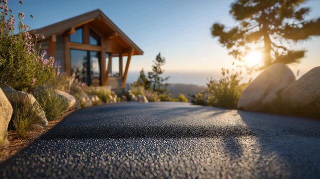 166Close-up of a driveway paved with rubber crumb tiles leading to a country house, textured black surface with slight sheen, sunlight casting soft shadows, durable and eco-friendly a