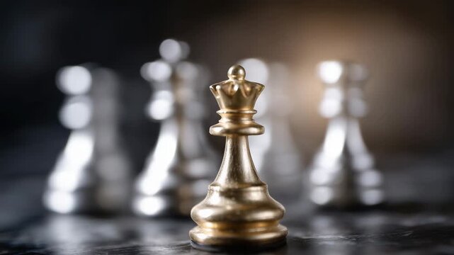 258Artistic close-up of a golden pawn in focus surrounded by silver pawns, polished metallic sheen, subtle shadows for depth, representing business leadership, team guidance, and stra