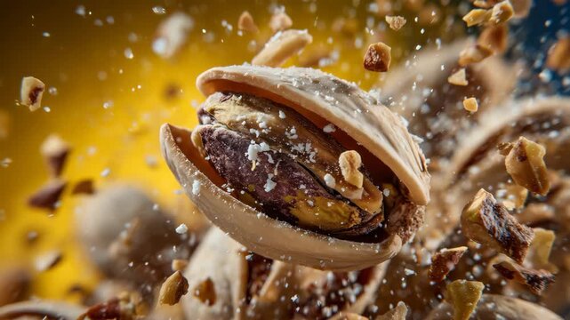 262Ultra-detailed close-up of a pistachio nut exploding mid-air, shell fragments and nut pieces scattering dynamically across a bright yellow background, motion frozen with crisp clar