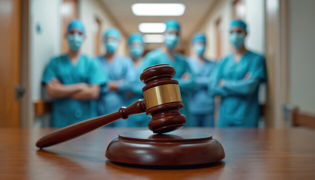 Judge gavel rests on desk before blurred medical professionals in surgical scrubs and masks in hospital hallway. Legal case about healthcare negligence and patient safety.