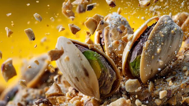 269Close-up of a pistachio nut shattering in mid-air, nut pieces and shell fragments scattering outward, bright yellow background emphasizing color contrast, dynamic motion capture, l