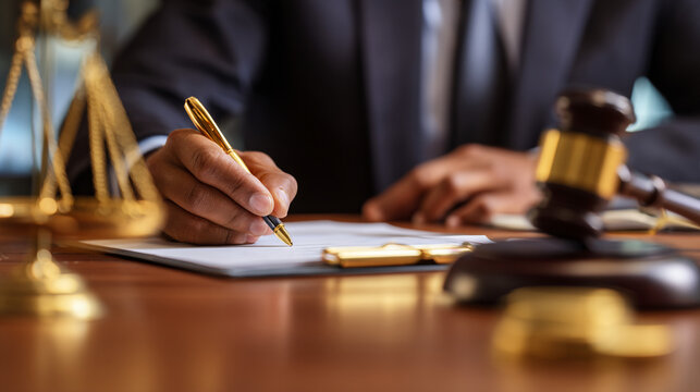 Lawyer signing document with gavel and scales of justice on desk