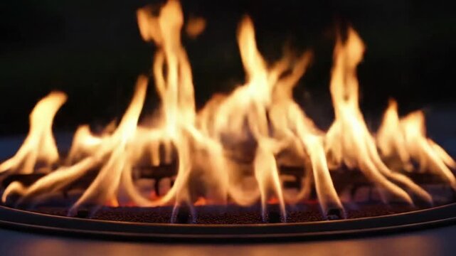 Abstract Flame Dance Focus purely on the elegant, slow motion of a single flame or a small cluster of flames against a dark, minimalist background.