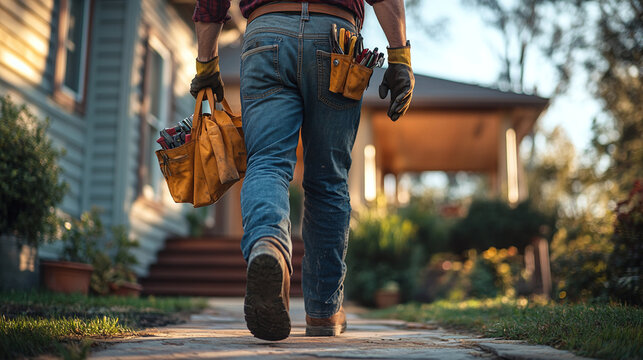 Handyman walking to house for home repair service visit.