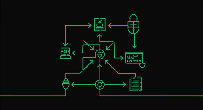 Abstract digital flowchart diagram with interconnected icons representing data, security, and workflow on a dark background