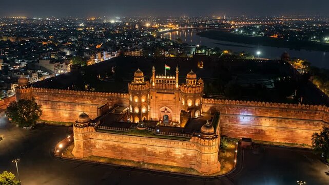 cinematic view of red fort fully illuminated at night aerial drone orbit video