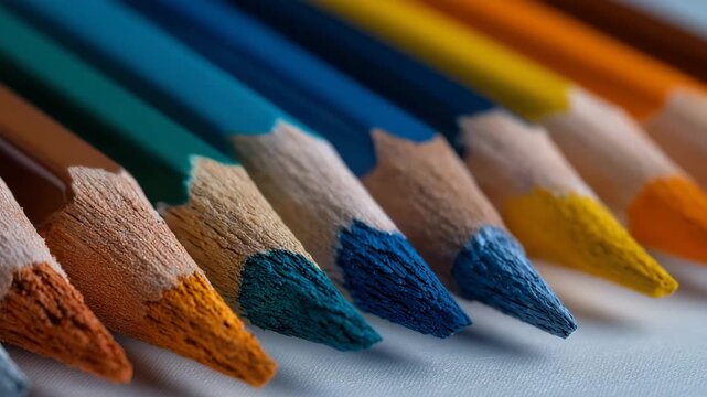 315A collection of colorful pencils arranged diagonally on a solid cream background, sharp tips in focus, subtle soft shadows