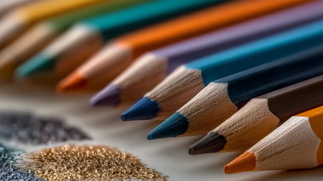 317A collection of colorful pencils arranged diagonally on a solid cream background, sharp tips in focus, subtle soft shadows
