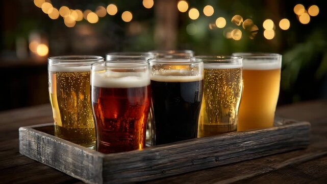 330High-resolution image of five beers on a rustic tray, each with a distinct color and glass shape, soft bokeh background suggesting a relaxed social gathering, warm and inviting lig