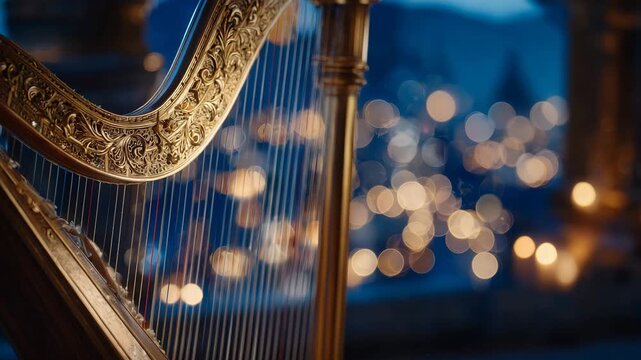 Close-up shot of a harp&rsquo;s strings and soundboard, delicate strings catching light, carved wood details showcasing elegance and classical instrument craftsmanship