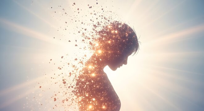 Woman disintegrating into sparkling particles, captured from the side in a serene and ethereal environment