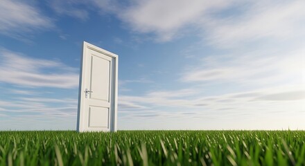 A white door standing alone in a green field under a blue sky