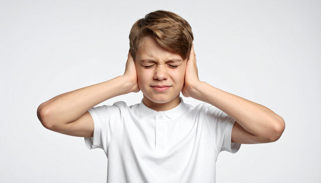 Ni&ntilde;o angustiado y asustado tap&aacute;ndose los o&iacute;dos concepto de conflicto familiar, soledad y estr&eacute;s infantil, problemas y discusiones familiares en la infancia y bulling