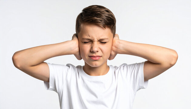 Ni&ntilde;o angustiado y asustado tap&aacute;ndose los o&iacute;dos concepto de conflicto familiar, soledad y estr&eacute;s infantil, problemas y discusiones familiares en la infancia y bulling