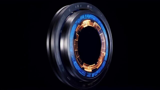 Futuristic glowing circular portal with blue neon ring and metallic details isolated on dark background, high tech 3d render. Concept of time travel and science fiction technology