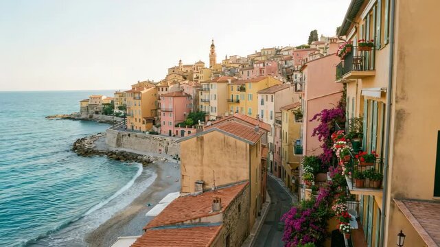 menton riviera mediterranean colorful medieval town france zoom out video