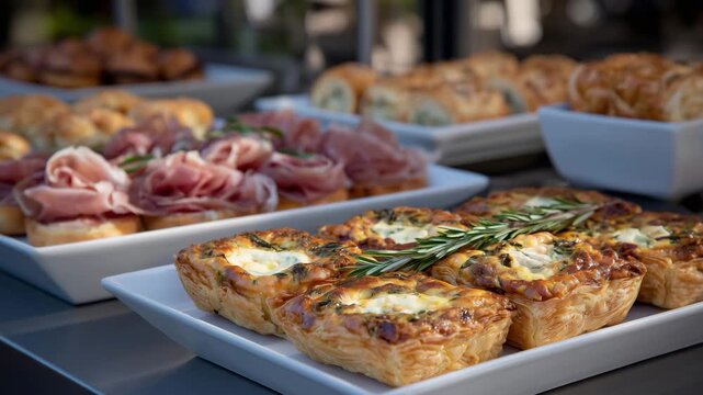 Elegant party buffet display featuring gourmet finger foods, puff pastry sausage rolls with crisp layers, neatly cut mini sandwiches, rich quiche bites, and delicate prosciutto sli