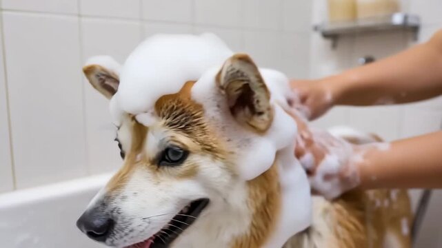 お風呂でシャンプーをしてもらい笑顔を見せる柴犬
