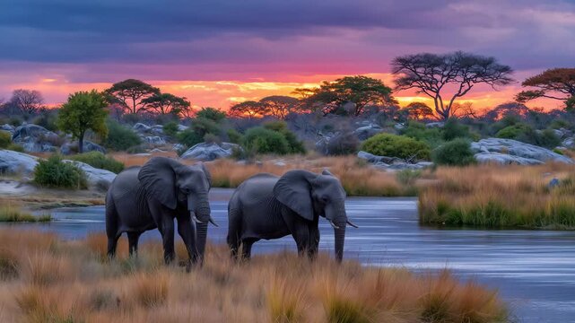 Expansive Botswana sunset landscape with elephants crossing savannah, dramatic sky filled with orange and purple hues, luxury safari perspective, peaceful and inspiring African adv