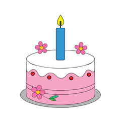 Classic Pink Birthday Cake Vector Illustration with Candle and Floral Decoration