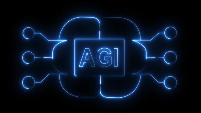 Artificial general intelligence concept animation with glowing blue neon circuits forming a brain shape around the agi text on a dark background representing technology and future advancement
