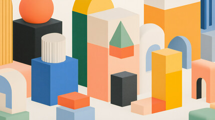 Obraz premium Abstract geometric illustration with colorful architectural shapes, representing creativity, modern cities, design systems, and structured imagination.