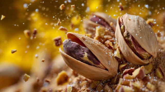 High-speed close-up of a pistachio nut exploding, dynamic scattering of shell fragments and nut bits, powder floating around, rich yellow background, bright highlights and crisp sh