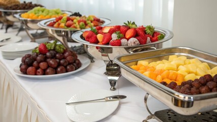 Colorful assortment of fresh fruits on elegant banquet table setup