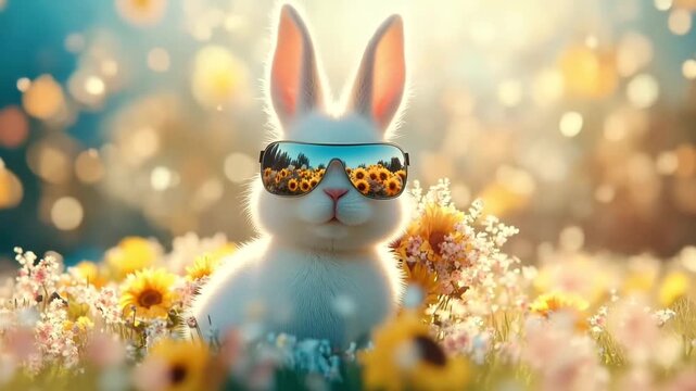 A white rabbit wearing sunglasses sits among colorful flowers in a sunny field. The scene is bright and cheerful, evoking a sense of joy and playfulness.