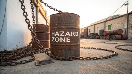 Rusty Barrel Marked Hazard Zone with Chains on Industrial Site